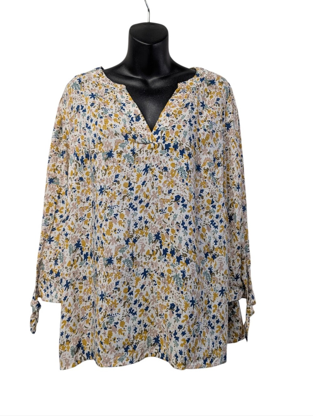 Rose & Thyme Multicolor Floral V-Neck Blouse XL Boho Tie 3/4 Sleeve Rayon NWT